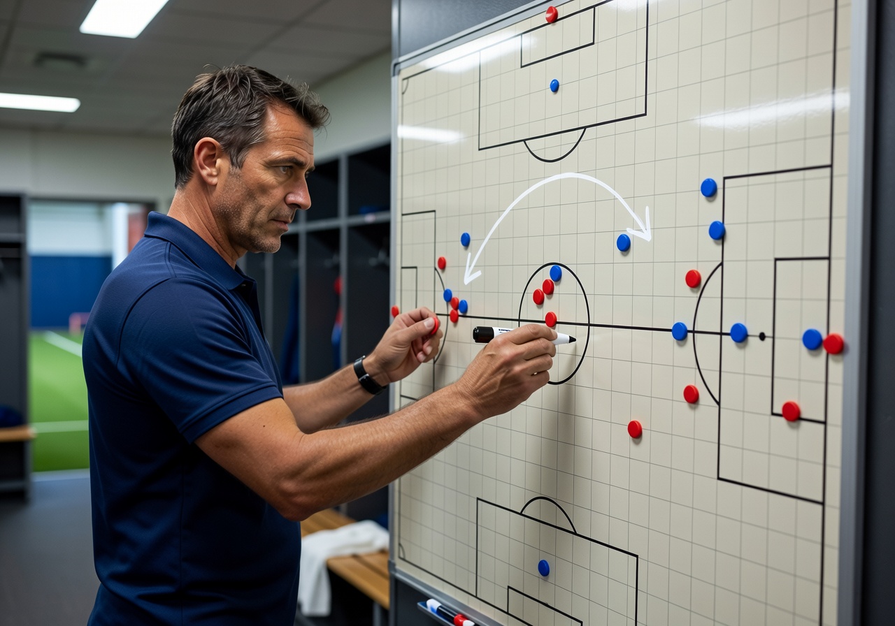 Coach drawing tactics on football board