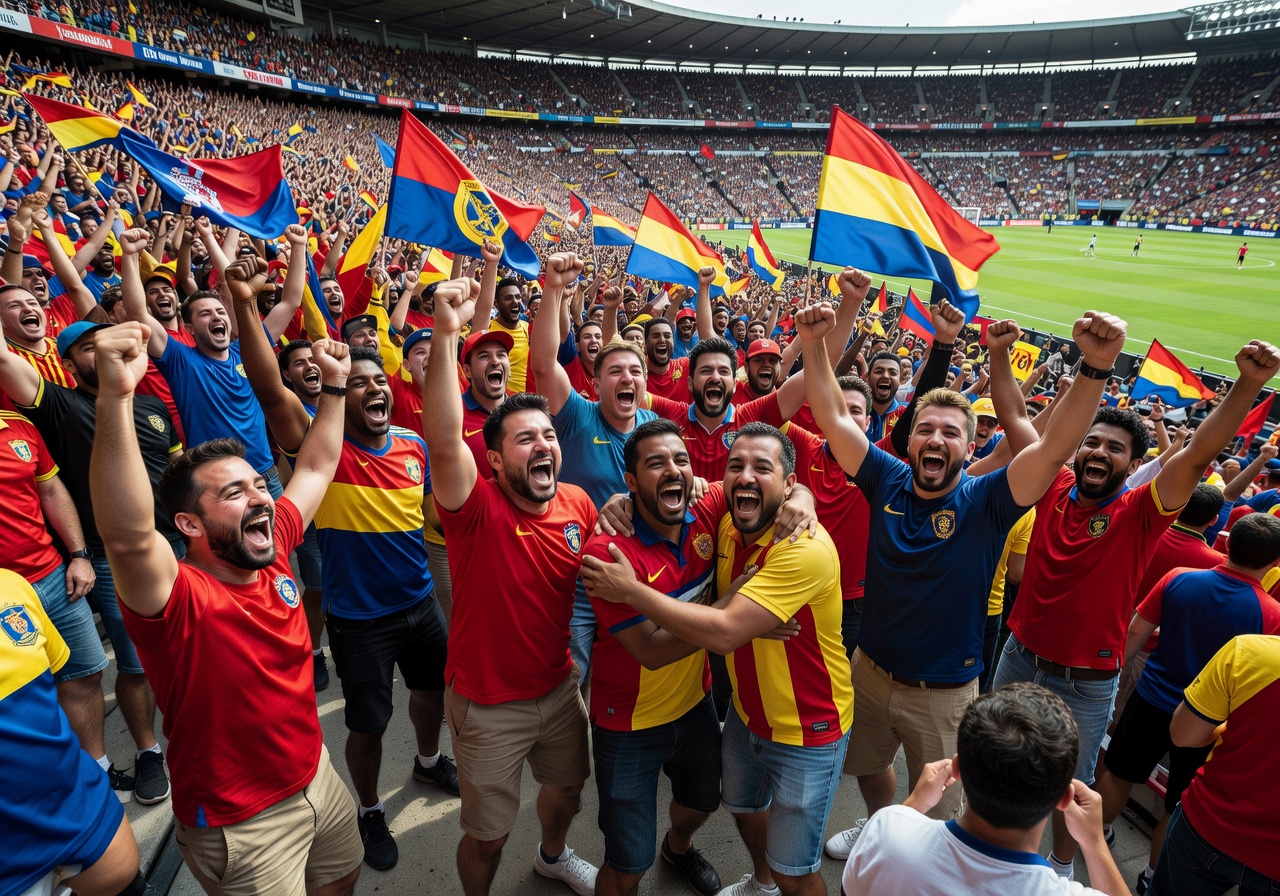 Fans celebrating at packed football stadium