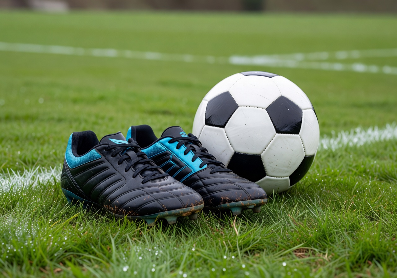 Football boots and ball close up on pitch