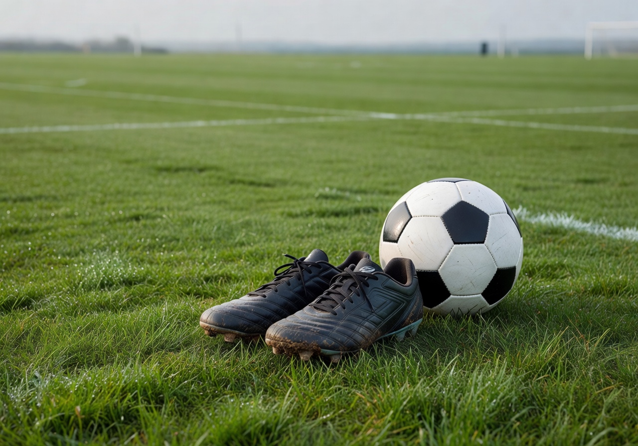 Football boots and ball on pitch grass