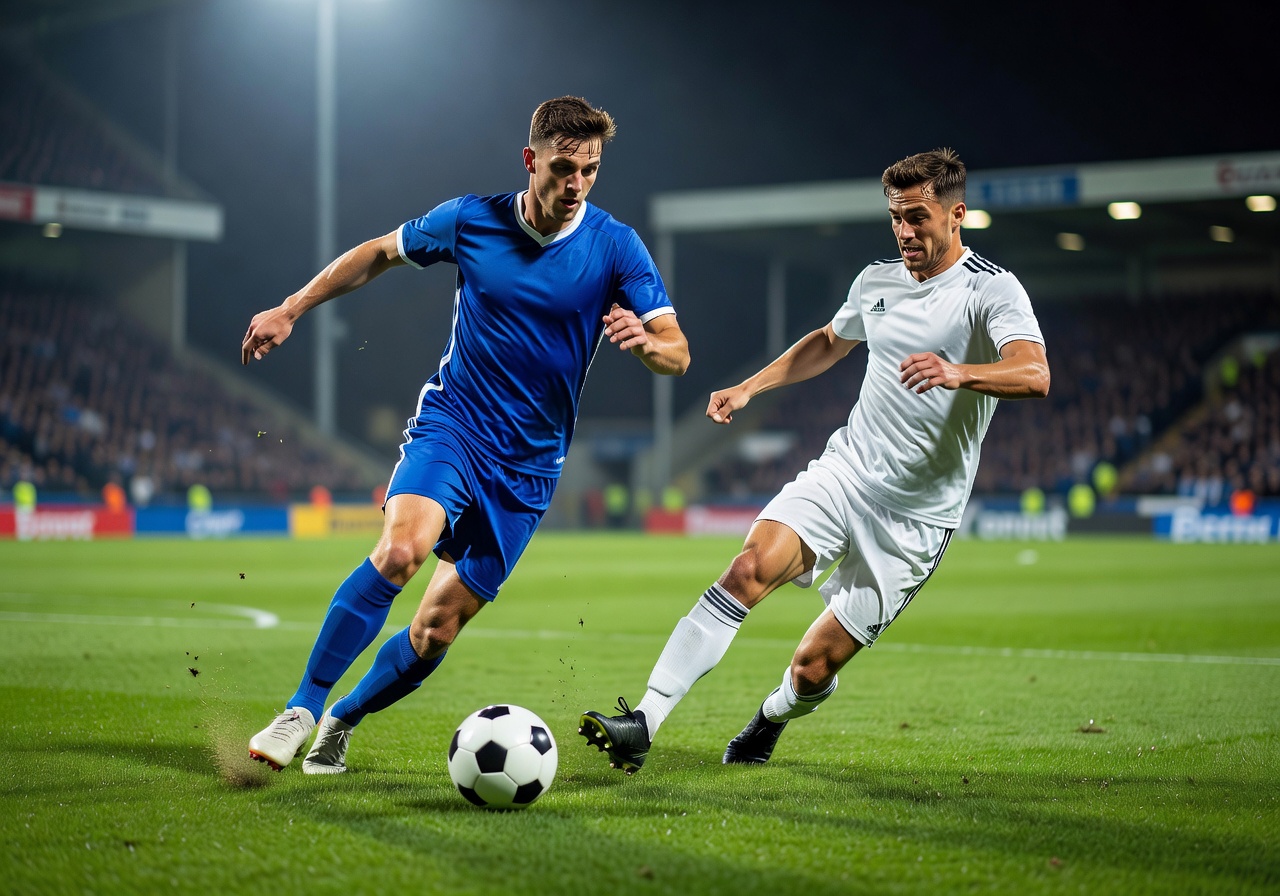 Football player dribbling past defender