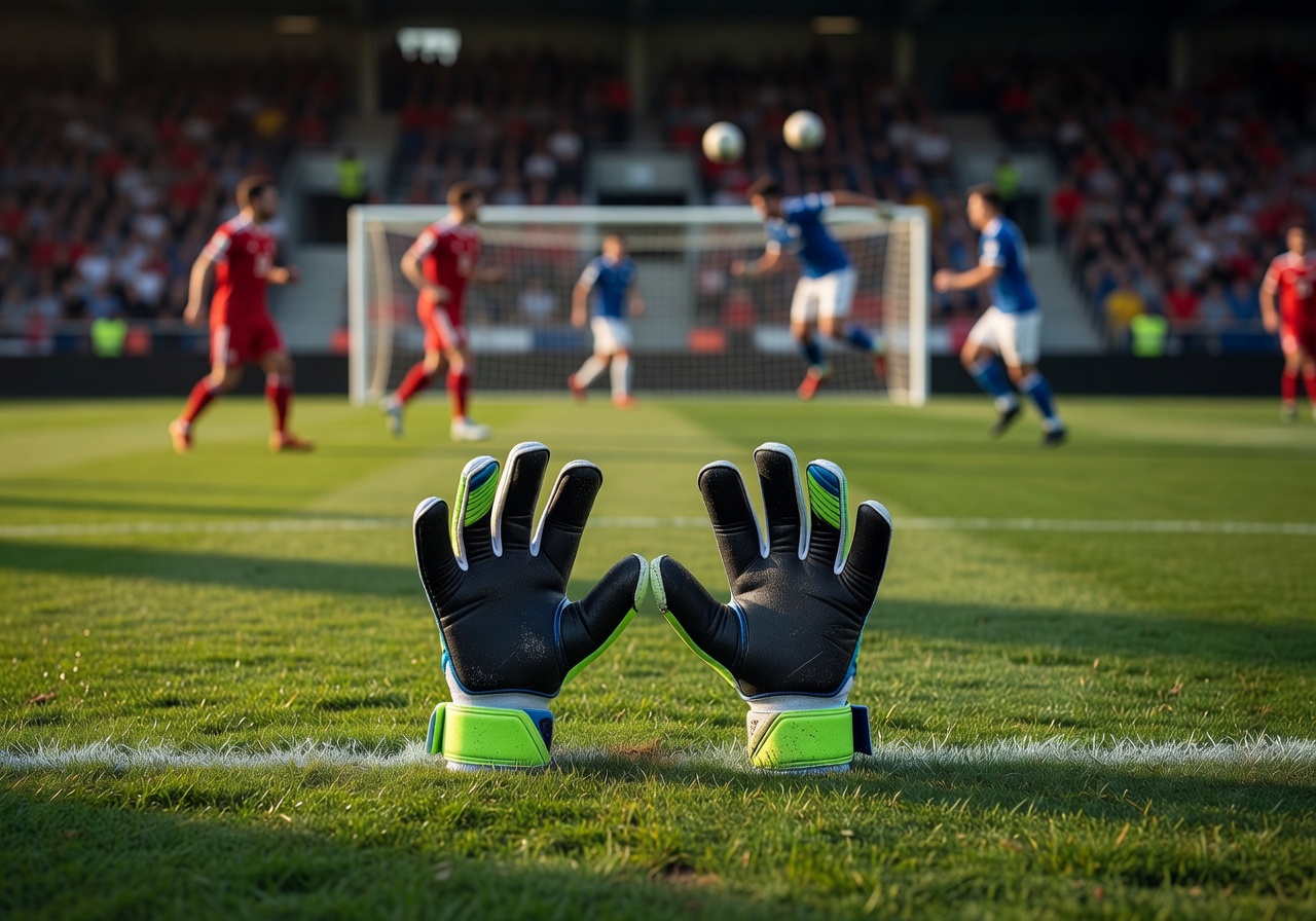 Goalkeeper gloves on goal line at football match