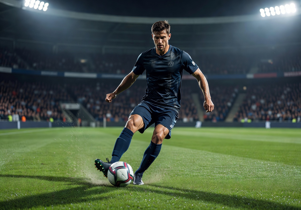 Player dribbling past defender in stadium lights