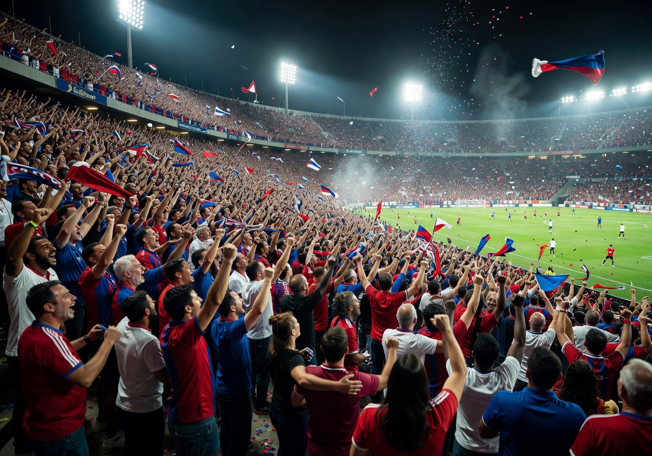 Stadium crowd celebrating at football match